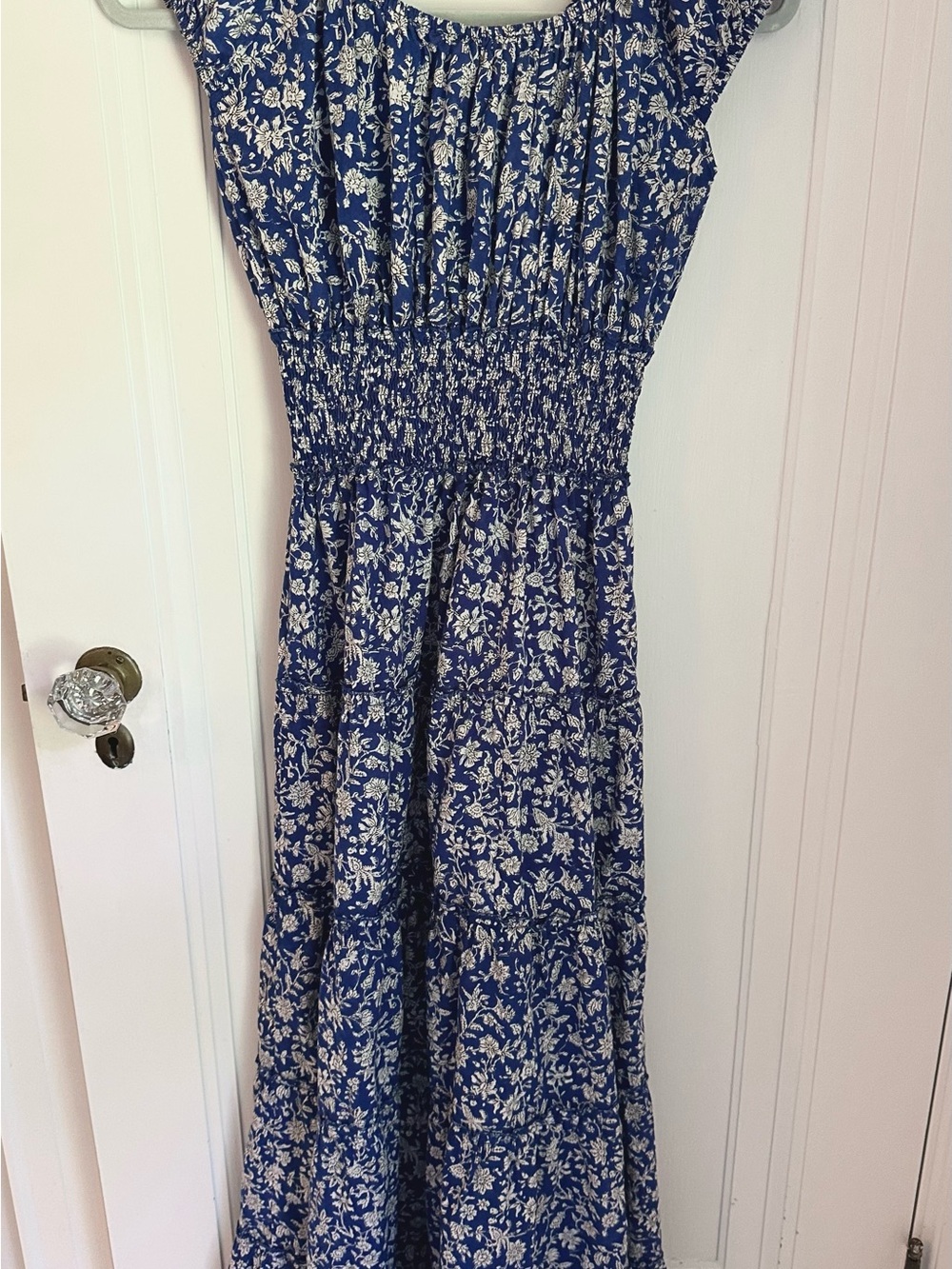 Pink City Prints Blue Floral Smocked Bodice Cotton Maxi Dress Size S
